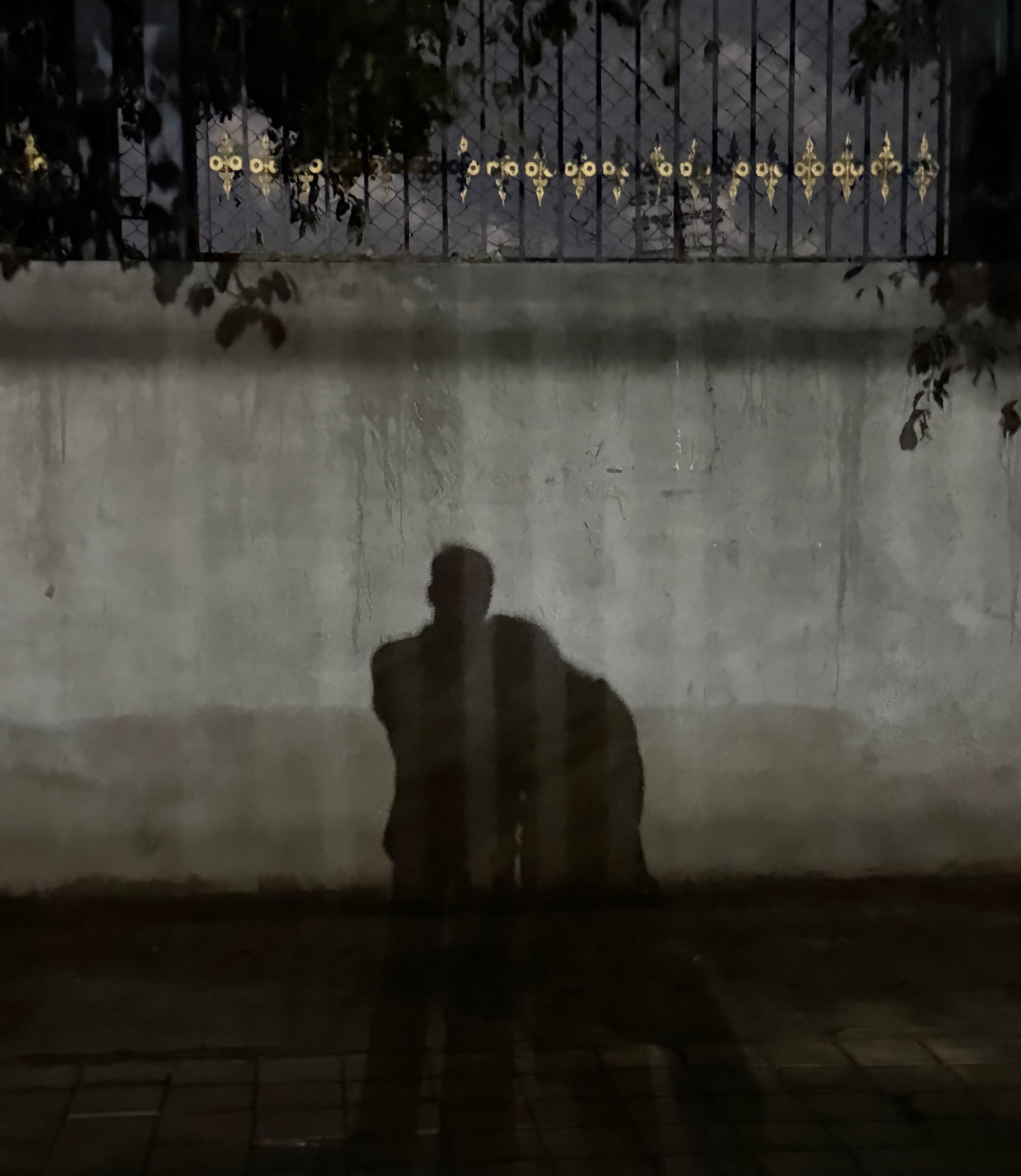the two of us as shadows on a wall during our night walk
