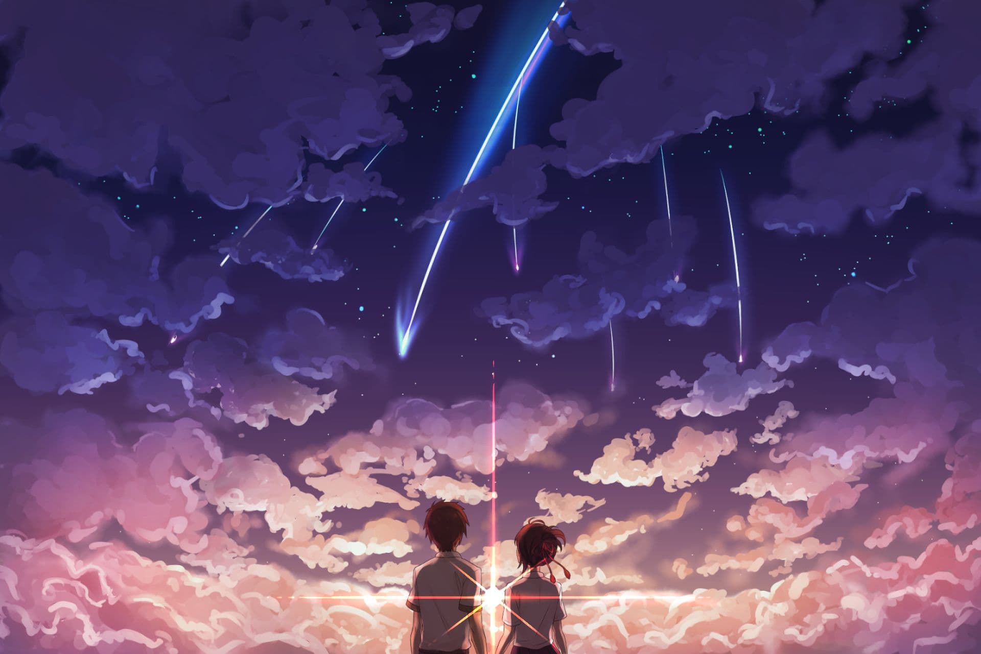 a still from Kimi no na wa β two figures beneath a comet-streaked sky β the movie we watched